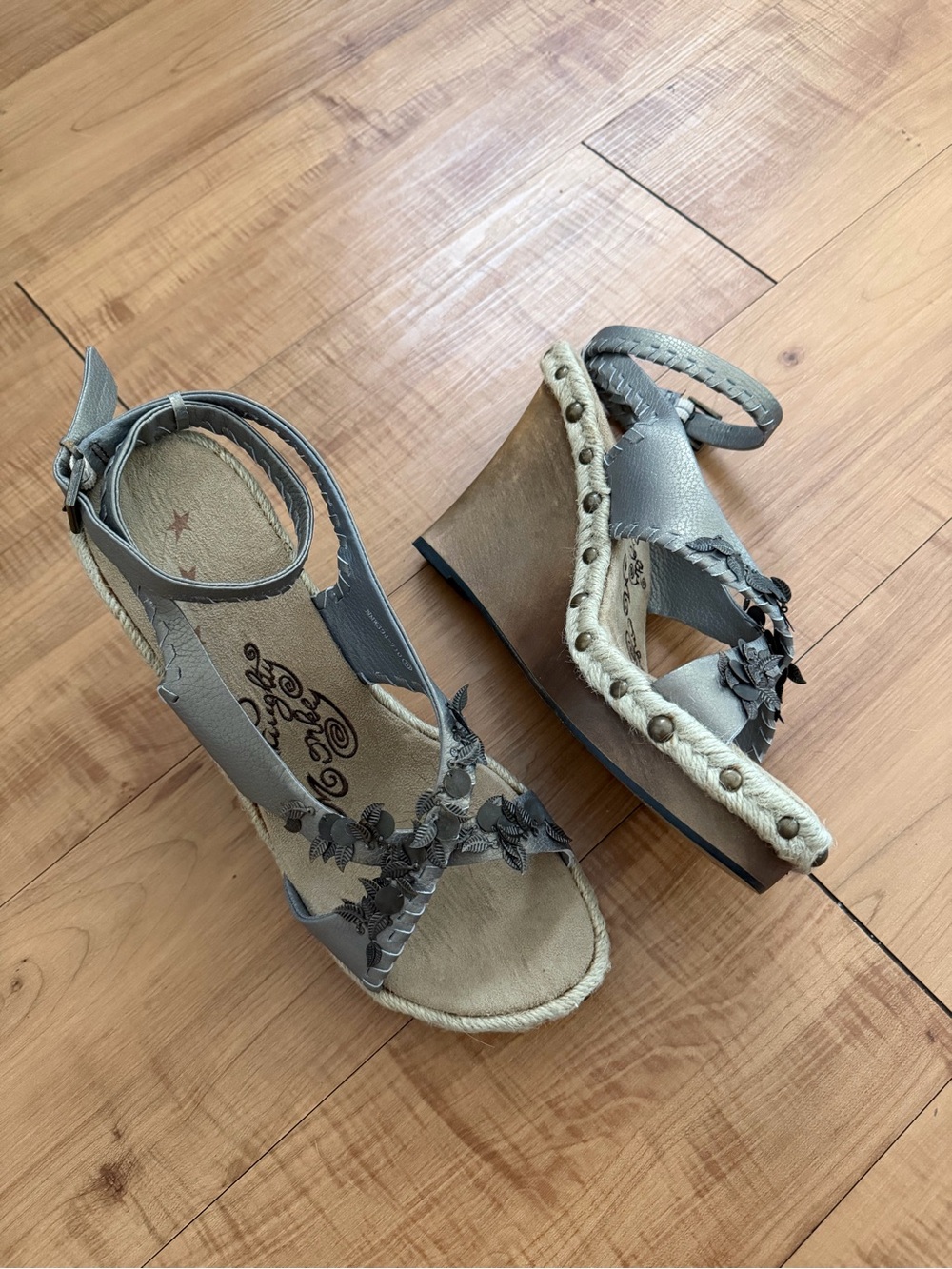 Boho Bronze Floral Platform Wedge Ankle Wrap Sandals